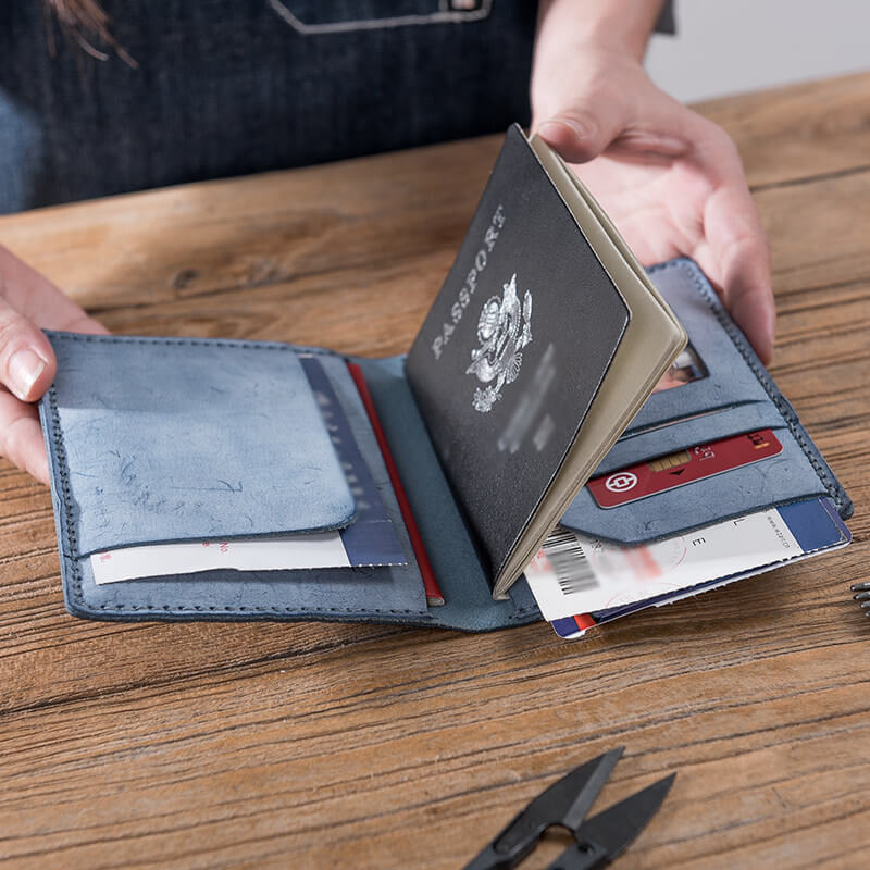 Vintage Waxed Leather Travel Passport Holder DIY Kit – Babylon Leather - Babylon LeatherBabylon LeatherLZ61-Blue-Fog Wax Leather