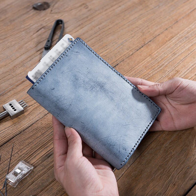 Vintage Waxed Leather Travel Passport Holder DIY Kit – Babylon Leather - Babylon LeatherBabylon LeatherLZ61-Blue-Fog Wax Leather