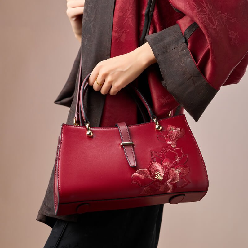 Voice of Light Leather Embroidery Handbag Crossbody Bag – Babylon Leather - Babylon LeatherBabylon LeatherTX144-Red