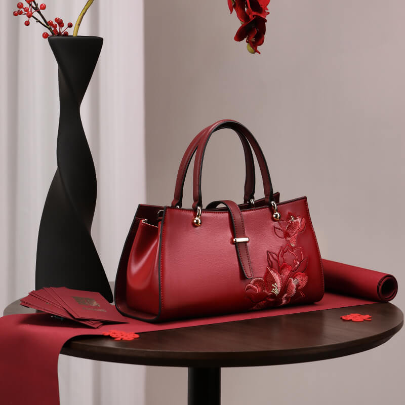 Voice of Light Leather Embroidery Handbag Crossbody Bag – Babylon Leather - Babylon LeatherBabylon LeatherTX144-Red