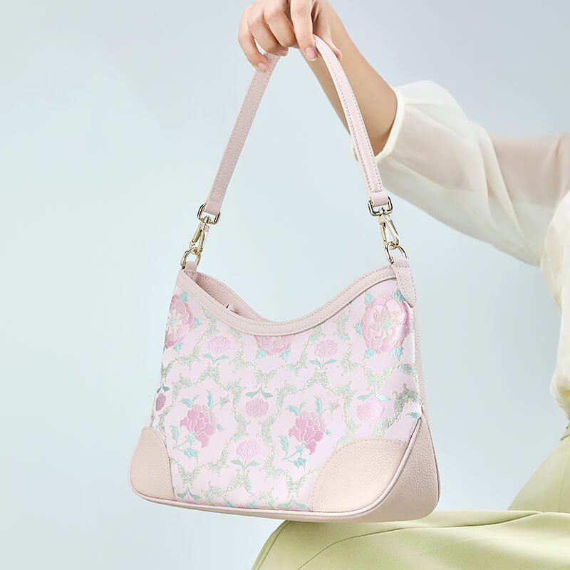 Whispering Bloom Leather and Silk Shoulder Handbag – Babylon Leather - Babylon LeatherBabylon LeatherTX114-Pink