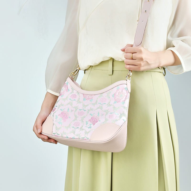 Whispering Bloom Leather and Silk Shoulder Handbag – Babylon Leather - Babylon LeatherBabylon LeatherTX114-Pink