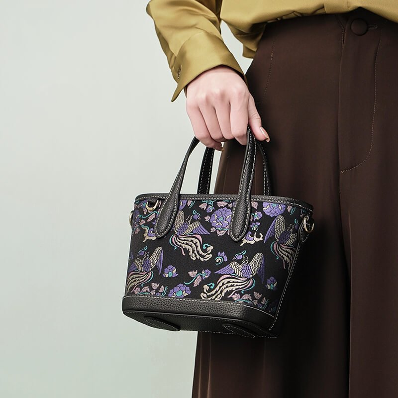 Wings of Serenity Leather and Silk Handbag Tote Bag – Babylon Leather - Babylon LeatherBabylon LeatherTX110-Black