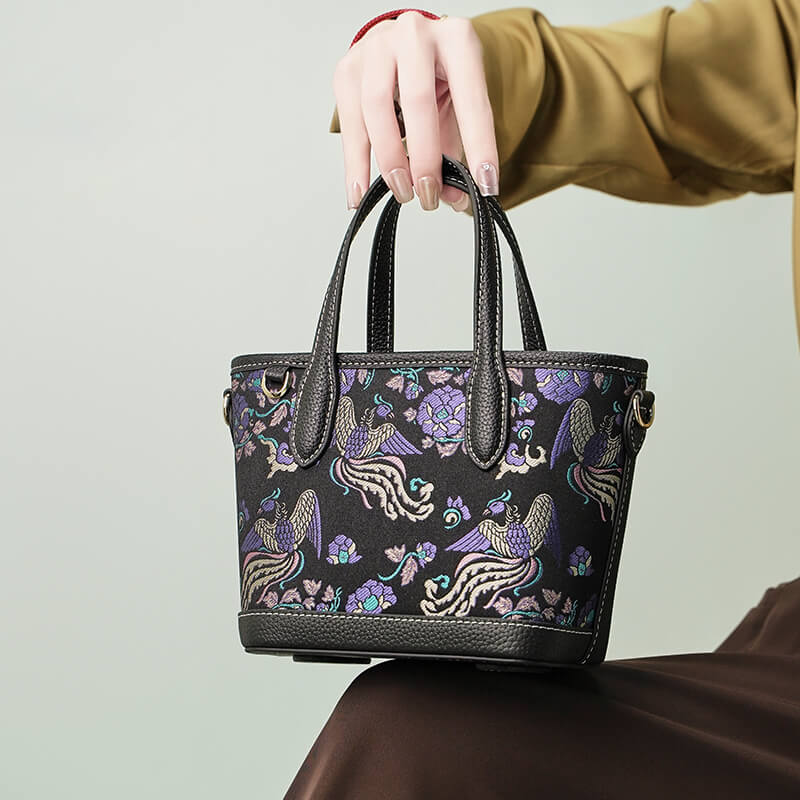 Wings of Serenity Leather and Silk Handbag Tote Bag – Babylon Leather - Babylon LeatherBabylon LeatherTX110-Black