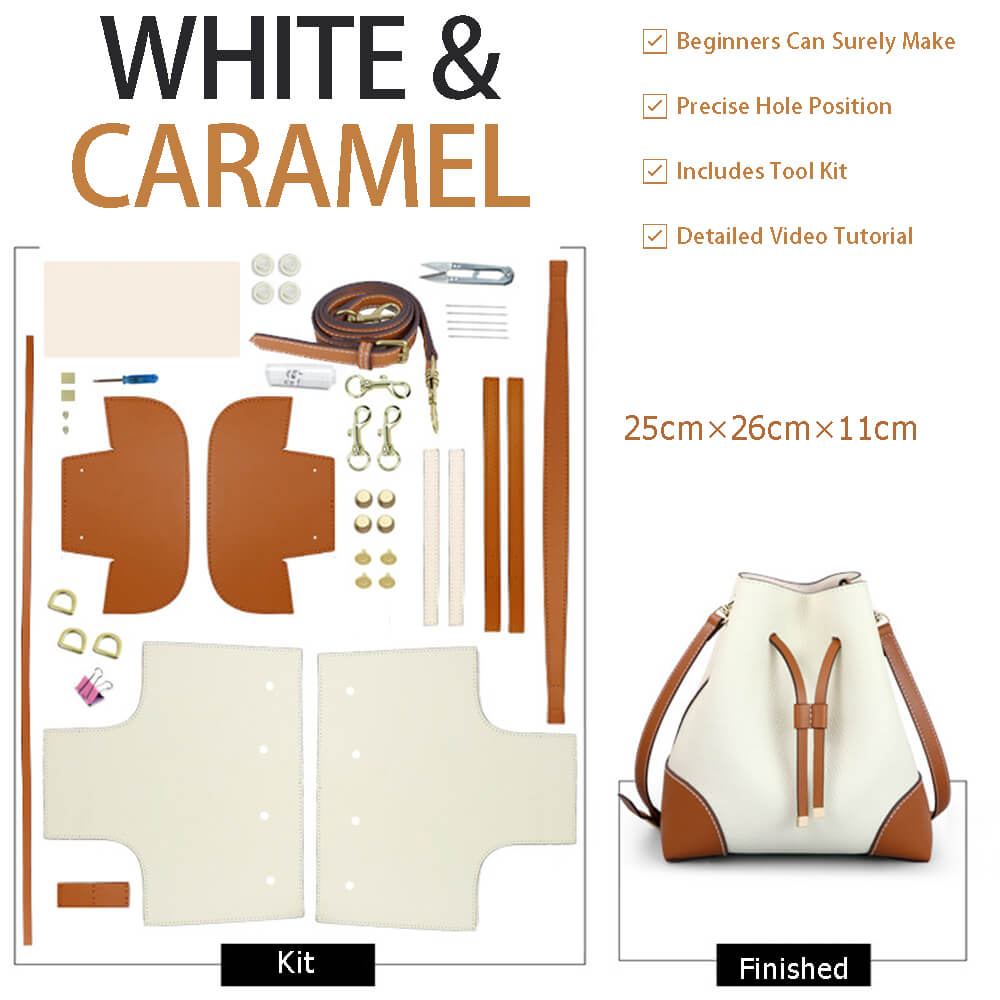 Women’s Leather Drawstring Bucket Bag DIY Kit – Babylon Leather - Babylon LeatherBabylon LeatherSY139-White & Caramel-White