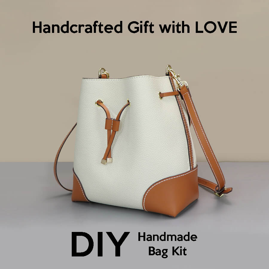 Women’s Leather Drawstring Bucket Bag DIY Kit – Babylon Leather - Babylon LeatherBabylon LeatherSY139-White & Caramel-White