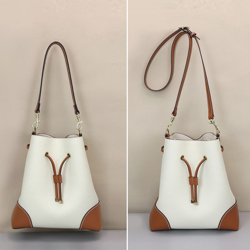 Women’s Leather Drawstring Bucket Bag DIY Kit – Babylon Leather - Babylon LeatherBabylon LeatherSY139-White & Caramel-White