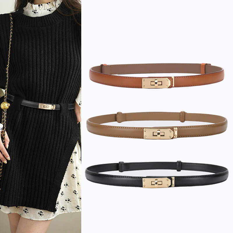 Women's Slim Lock - Buckle Split Leather Waist Belt – Babylon Leather - Babylon LeatherBabylon LeatherDJ20-Gold Buckle-Black