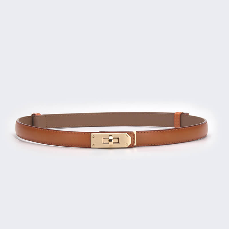 Women's Slim Lock - Buckle Split Leather Waist Belt – Babylon Leather - Babylon LeatherBabylon LeatherDJ20-Gold Buckle-Caramel
