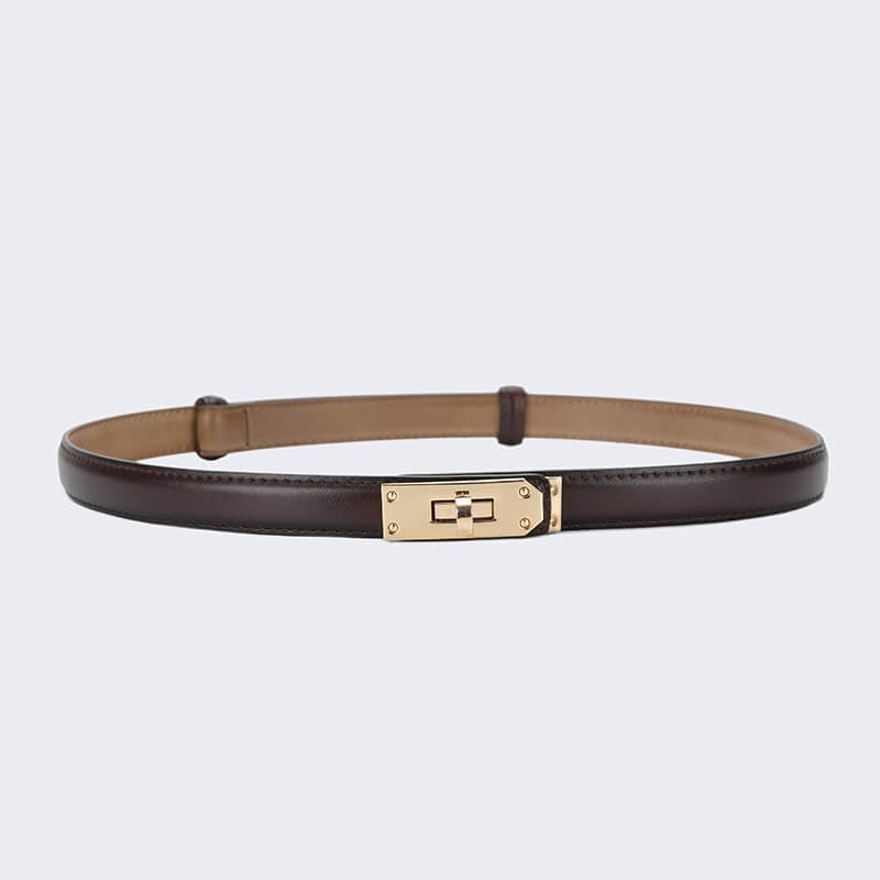 Women's Slim Lock - Buckle Split Leather Waist Belt – Babylon Leather - Babylon LeatherBabylon LeatherDJ20-Gold Buckle-Coffee