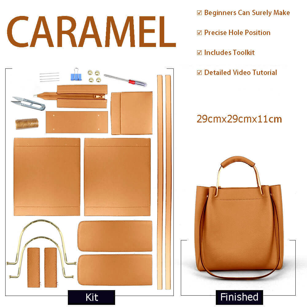 Zip - Top Tote Bag DIY Kit – Babylon Leather - Babylon LeatherBabylon LeatherSY14 - Caramel - Metal Handle - Color - Matched