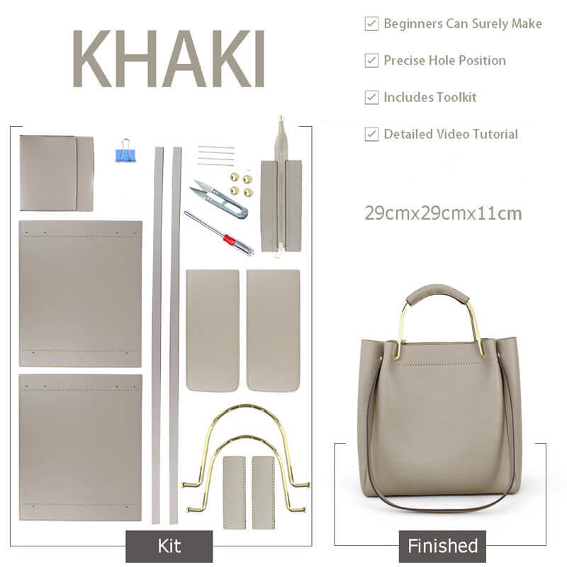 Zip - Top Tote Bag DIY Kit – Babylon Leather - Babylon LeatherBabylon LeatherSY14 - Khaki - Metal Handle - Color - Matched