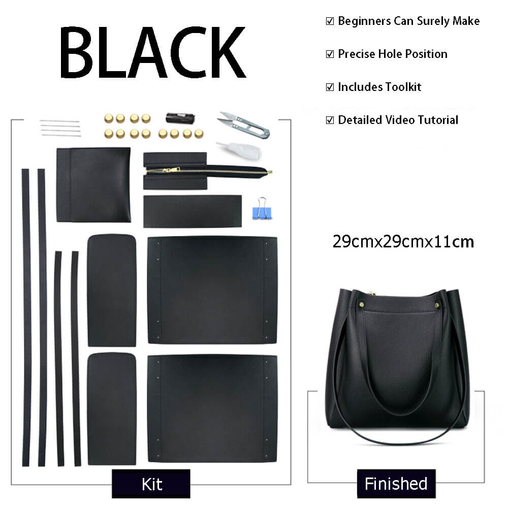 Zip - Top Tote Bag DIY Kit – Babylon Leather - Babylon LeatherBabylon LeatherSY14 - Leather Handle - Matching Color - Lychee Pattern Leather - Black