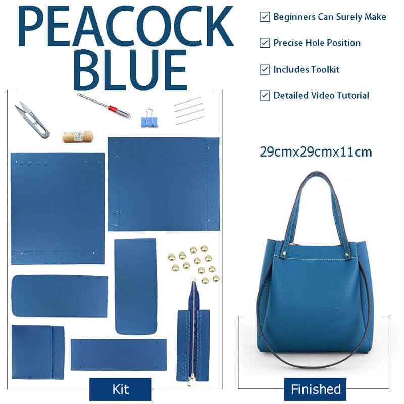 Zip - Top Tote Bag DIY Kit – Babylon Leather - Babylon LeatherBabylon LeatherSY14 - Peacock Blue - Leather Handle - Color - Matched