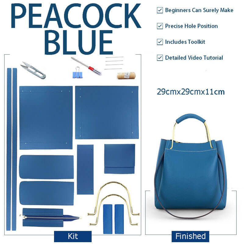 Zip - Top Tote Bag DIY Kit – Babylon Leather - Babylon LeatherBabylon LeatherSY14 - Peacock Blue - Metal Handle - Color - Matched