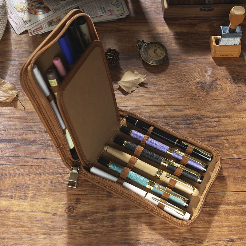 12-Slot Zip Pen Organizer Crazy Horse Leather – Babylon Leather - Babylon LeatherBabylon LeatherAN42-Brown