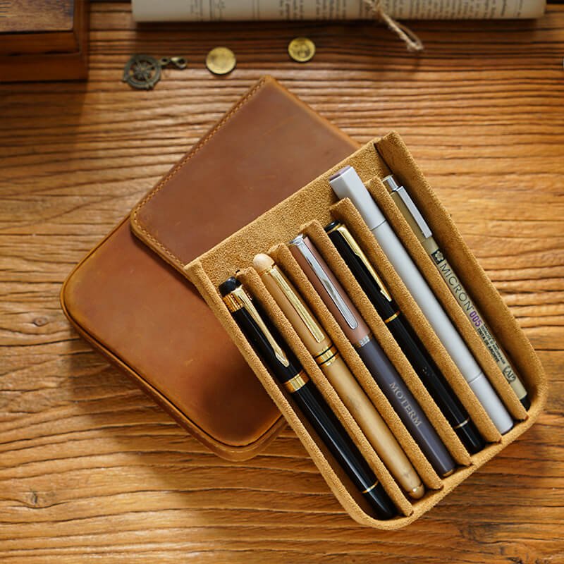 12-Slot Zip Pen Organizer Crazy Horse Leather – Babylon Leather - Babylon LeatherBabylon LeatherAN43-Brown