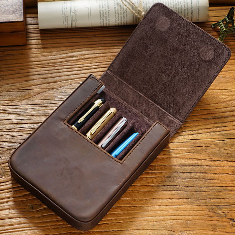 12-Slot Zip Pen Organizer Crazy Horse Leather – Babylon Leather - Babylon LeatherBabylon LeatherAN43-Brown
