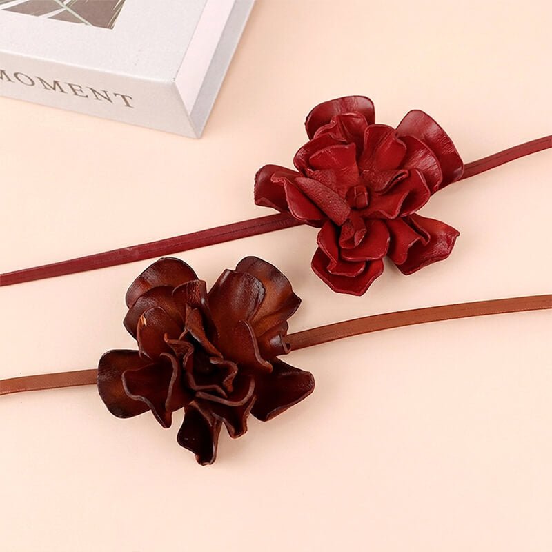[$360+] Vegetable Tanned Leather Flower Choker Necklace - Babylon LeatherBabylon LeatherMJY02-Red
