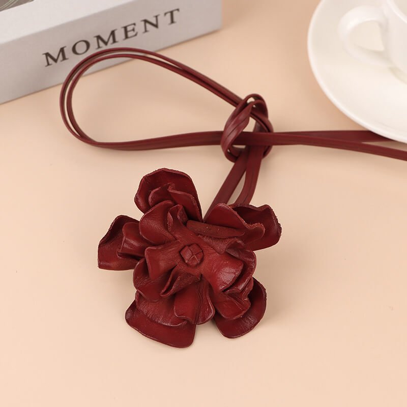 [$360+] Vegetable Tanned Leather Flower Choker Necklace - Babylon LeatherBabylon LeatherMJY02-Red