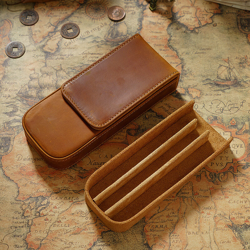 Magnetic Drawer Pen Box 3-Slot Crazy Horse Leather – Babylon Leather
