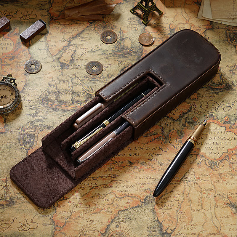Magnetic Drawer Pen Box 3-Slot Crazy Horse Leather – Babylon Leather
