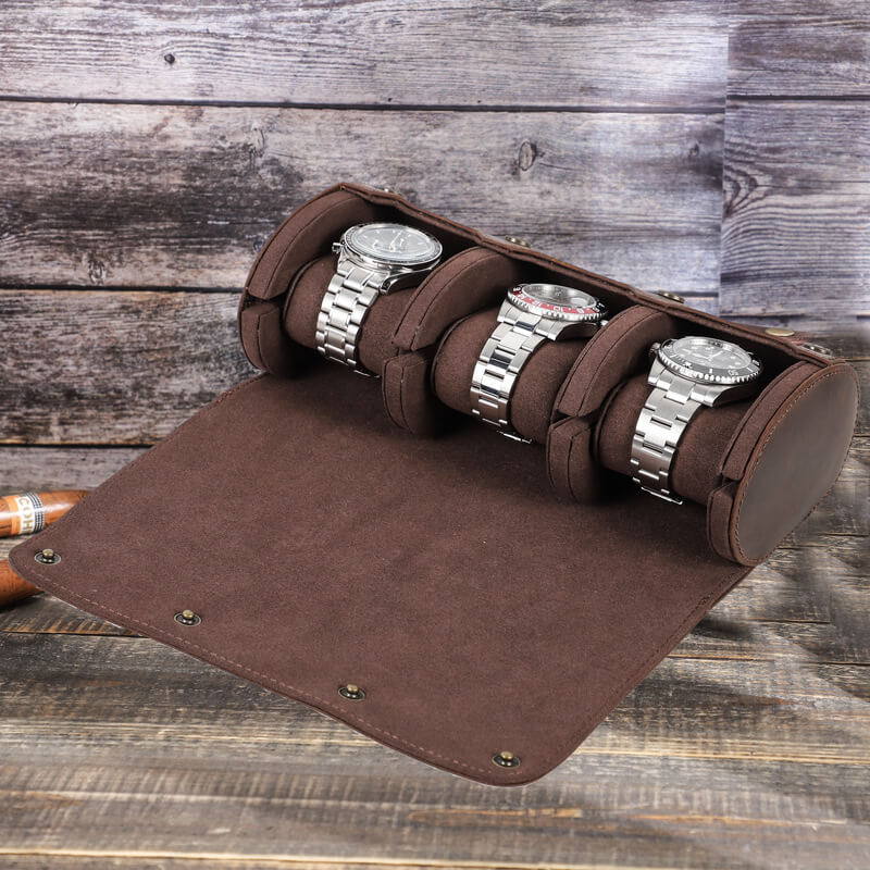 Snap-Closure Crazy Horse Leather Watch Roll, 3 Slots – Babylon Leather