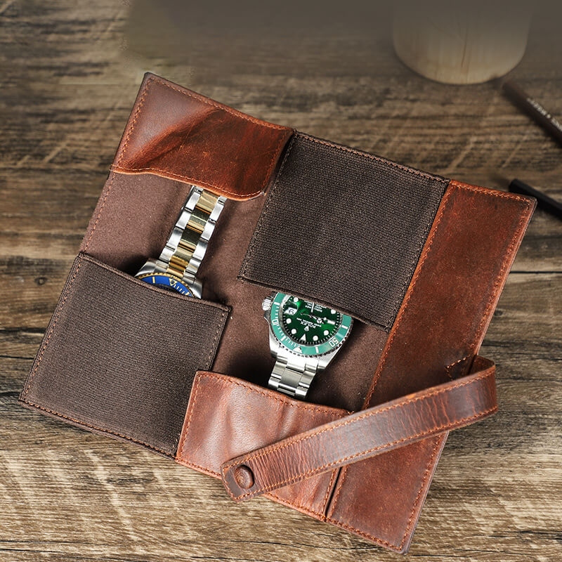 Crazy Horse Leather Watch Wrap Case, 2 Slots – Babylon Leather