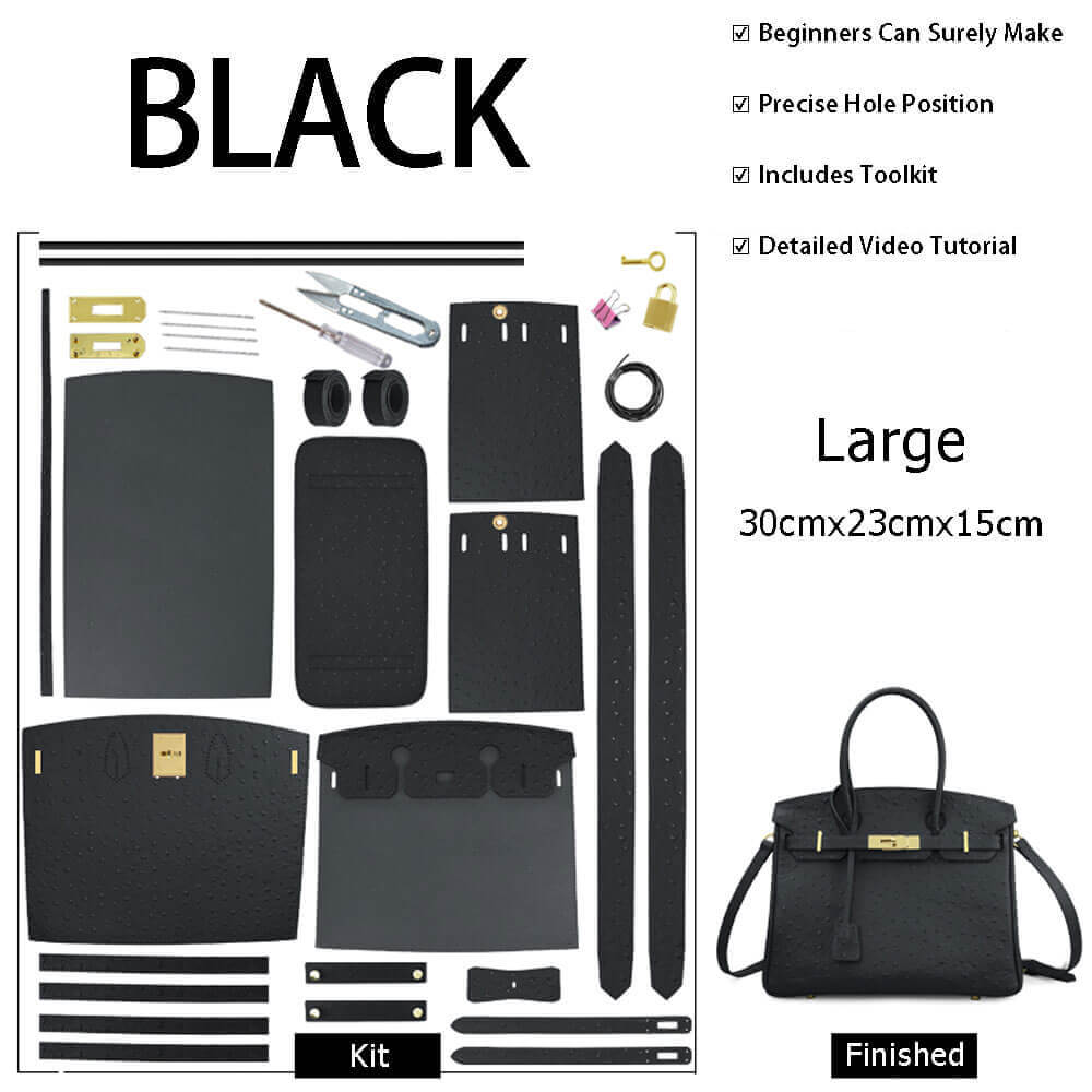 Birkin - Style Bag DIY Kit with Oblique Hole & Ostrich Pattern – Babylon Leather - Babylon LeatherBabylon LeatherSY105-Black-Gold-Color-Matched