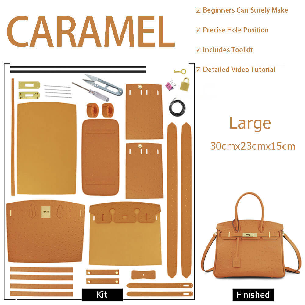 Birkin - Style Bag DIY Kit with Oblique Hole & Ostrich Pattern – Babylon Leather - Babylon LeatherBabylon LeatherSY105-Caramel-Gold-Color-Matched