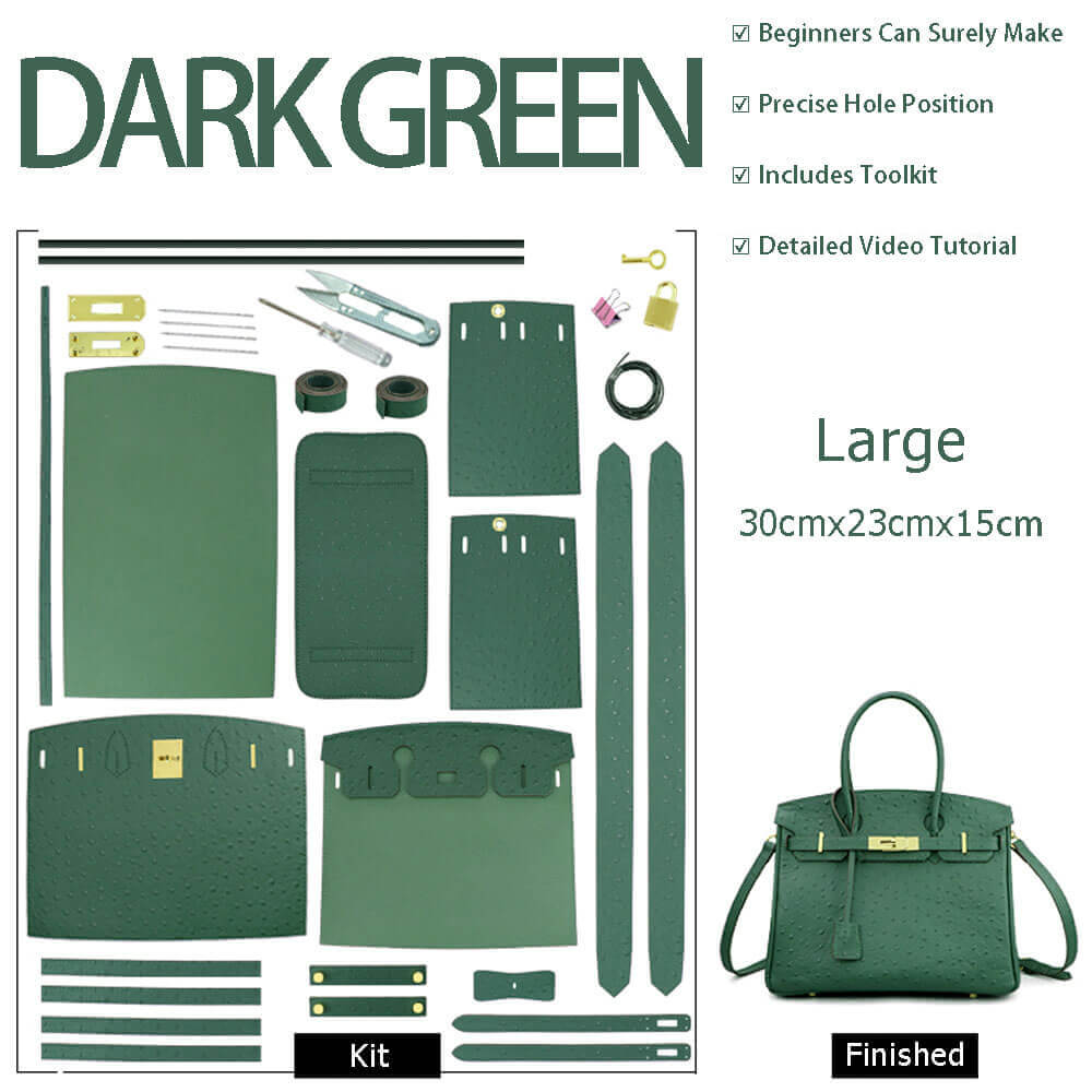 Birkin - Style Bag DIY Kit with Oblique Hole & Ostrich Pattern – Babylon Leather - Babylon LeatherBabylon LeatherSY105-Dark Green-Gold-Color-Matched
