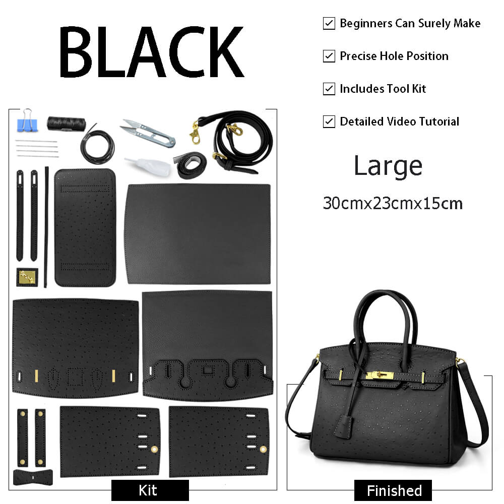 Birkin - Style Bag DIY Kit with Round Hole & Ostrich Pattern – Babylon Leather - Babylon LeatherBabylon LeatherSY109-Black-Gold-Color-Matched