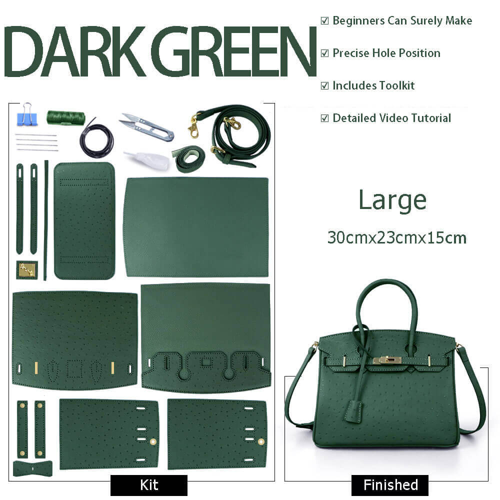 Birkin - Style Bag DIY Kit with Round Hole & Ostrich Pattern – Babylon Leather - Babylon LeatherBabylon LeatherSY109-Dark Green-Gold-Color-Matched