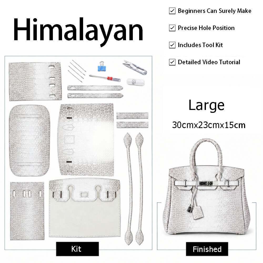 Birkin-Style Himalayan Embossed Cowhide Tote Bag DIY Kit | Pre-Order - Babylon LeatherBabylon LeatherSY143-White with Grey Antiquing 1-Large-Gold & Color-Matched