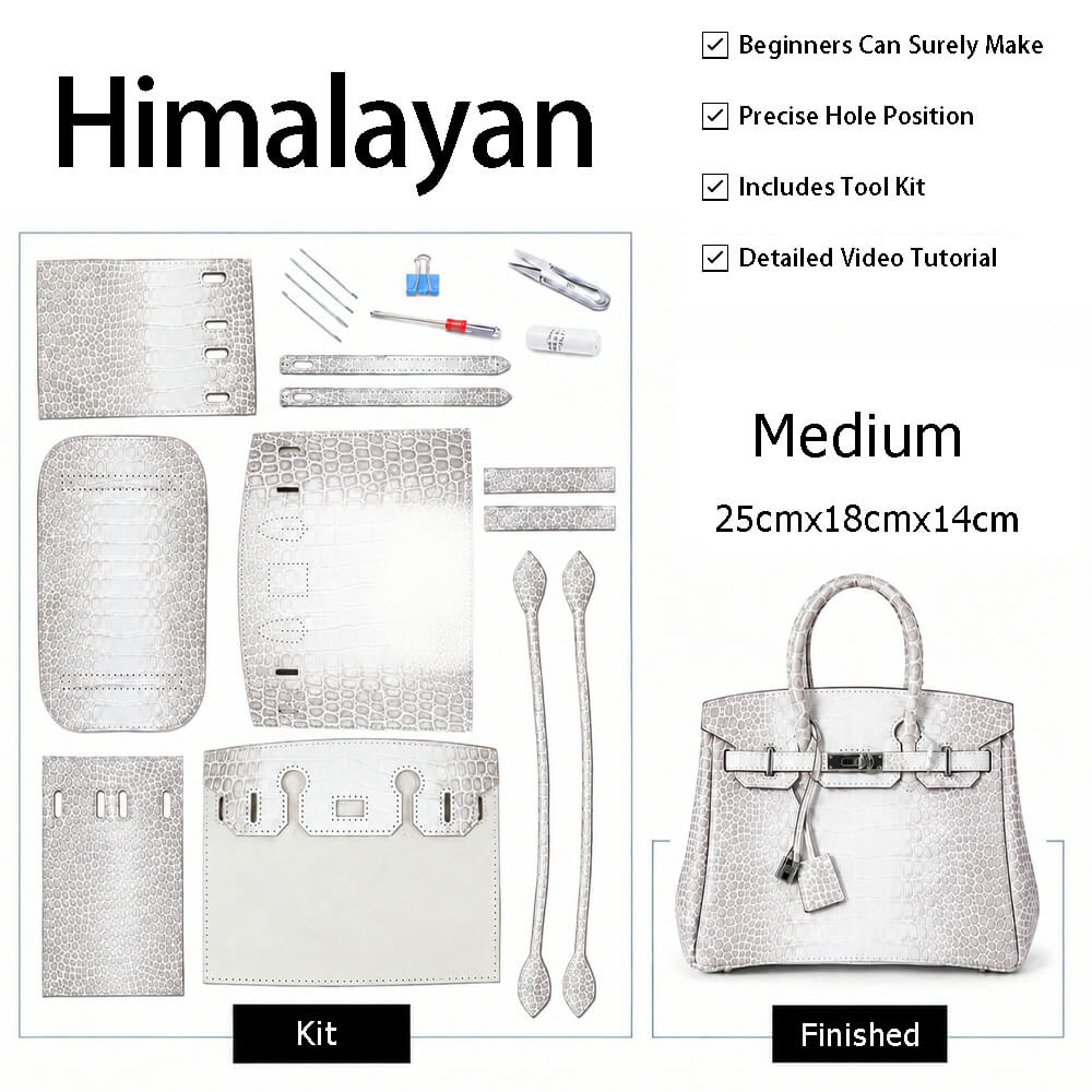 Birkin-Style Himalayan Embossed Cowhide Tote Bag DIY Kit | Pre-Order - Babylon LeatherBabylon LeatherSY143-White with Grey Antiquing 1-Medium-Gold & Color-Matched