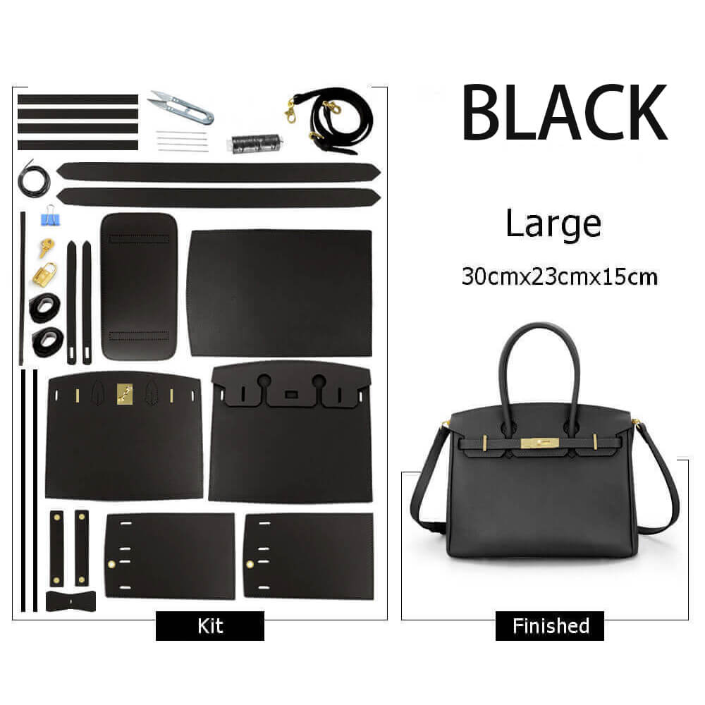 Birkin-Style Leather Bag DIY Kit with Oblique Holes & Togo Leather – Babylon Leather - Babylon LeatherBabylon LeatherSY104-Black-Gold-Color-Matched