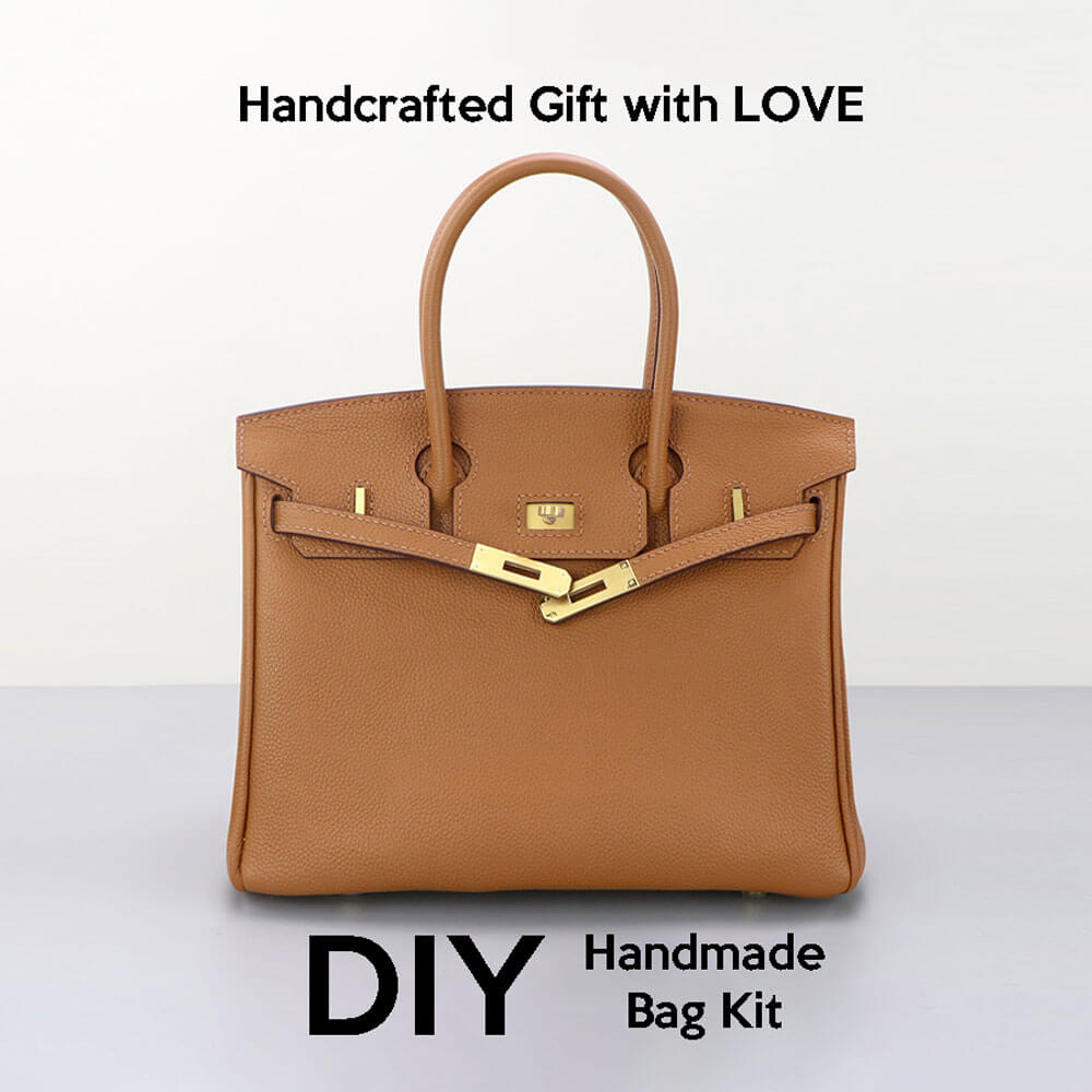 Birkin - Style Leather Bag DIY Kit with Oblique Pricked Holes ¨C Babylon Leather - Babylon LeatherBabylon LeatherSY104 - Caramel - Gold - Color - Matched