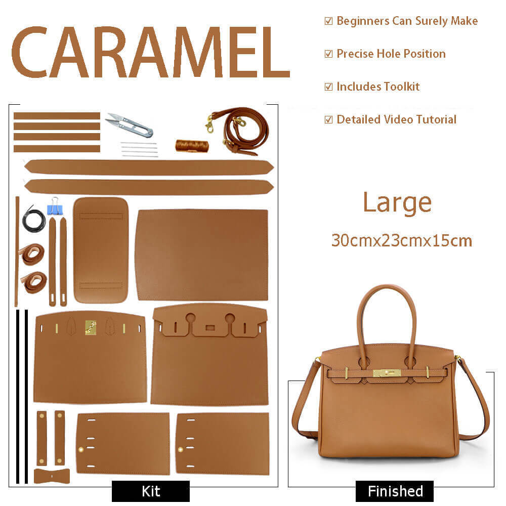 Birkin - Style Leather Bag DIY Kit with Oblique Pricked Holes ¨C Babylon Leather - Babylon LeatherBabylon LeatherSY104-Caramel-Gold-Color-Matched