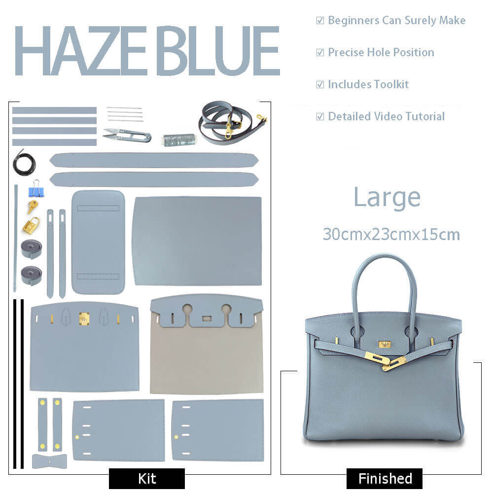Birkin - Style Leather Bag DIY Kit with Oblique Pricked Holes ¨C Babylon Leather - Babylon LeatherBabylon LeatherSY104-Haze Blue-Gold-Color-Matched