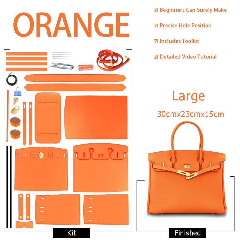 Birkin - Style Leather Bag DIY Kit with Oblique Pricked Holes ¨C Babylon Leather - Babylon LeatherBabylon LeatherSY104-Orange-Gold-Color-Matched