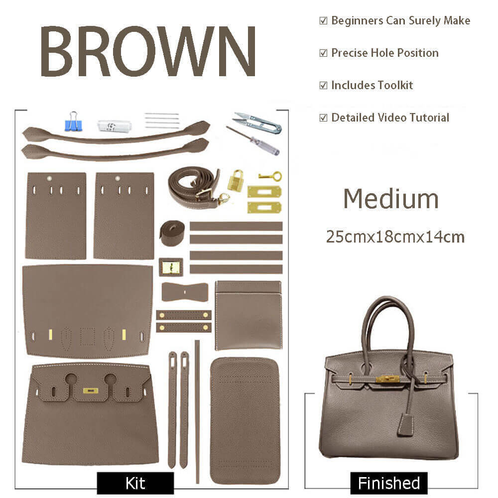 Birkin - Style Leather Tote Bag DIY Kit – Babylon Leather - Babylon LeatherBabylon LeatherSY04 - Brown - Medium - Gold & White