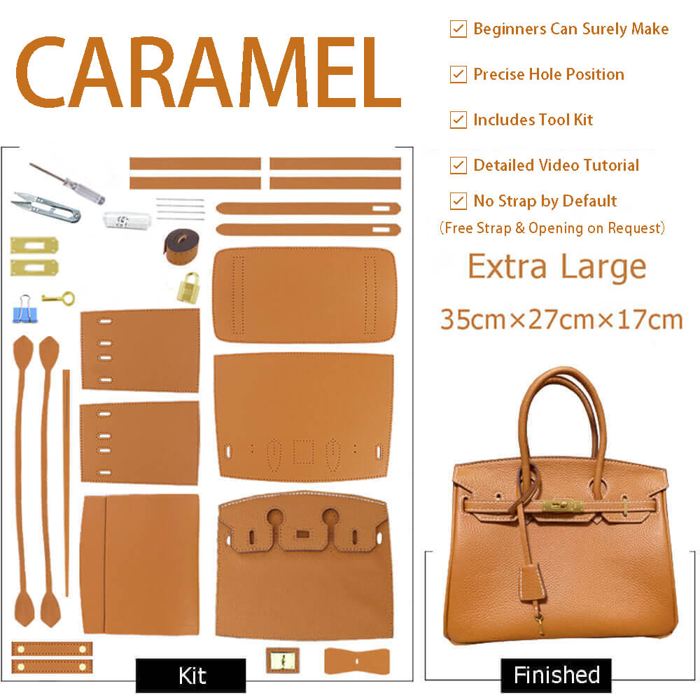 Birkin-Style Leather Tote Bag DIY Kit – Babylon Leather - Babylon LeatherBabylon LeatherSY04-Caramel-Extra Large-Gold & White