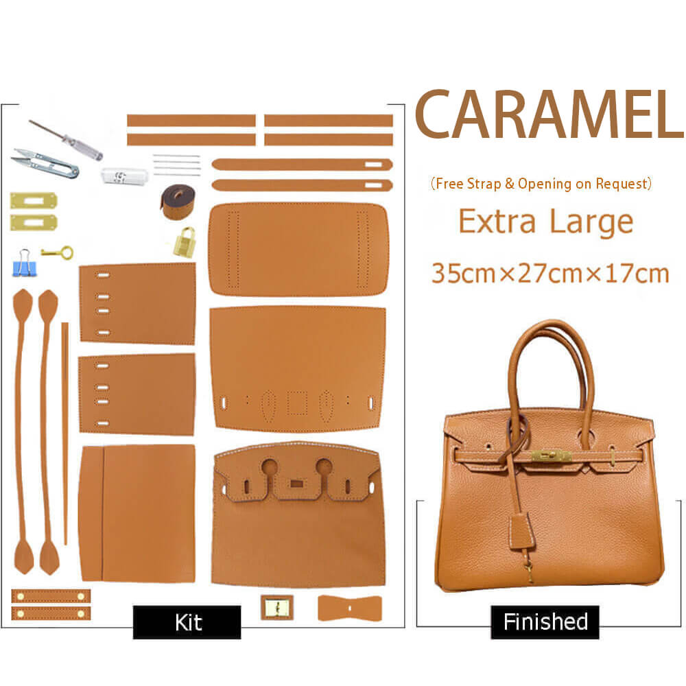 Birkin-Style Leather Tote Bag DIY Kit – Babylon Leather - Babylon LeatherBabylon LeatherSY04-Caramel-Extra Large-Silver & White