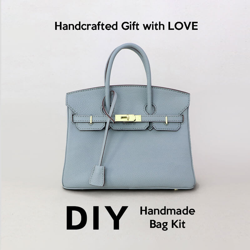 Birkin - Style Leather Tote Bag DIY Kit – Babylon Leather - Babylon LeatherBabylon LeatherSY04 - Haze Blue - Large - Gold & White