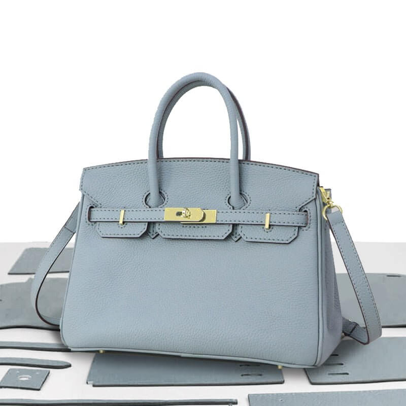 Birkin - Style Leather Tote Bag DIY Kit – Babylon Leather - Babylon LeatherBabylon LeatherSY04-Haze Blue-Large-Gold & White