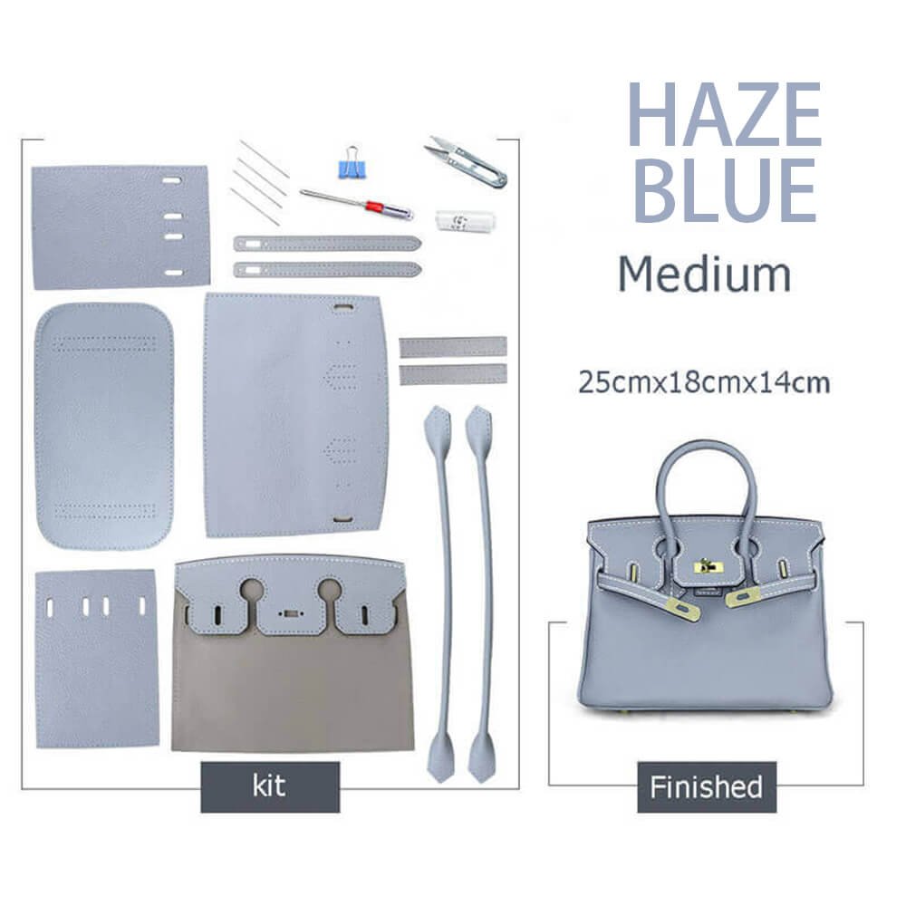 Birkin-Style Leather Tote Bag DIY Kit – Babylon Leather - Babylon LeatherBabylon LeatherSY04-Haze Blue-Medium-Gold & White