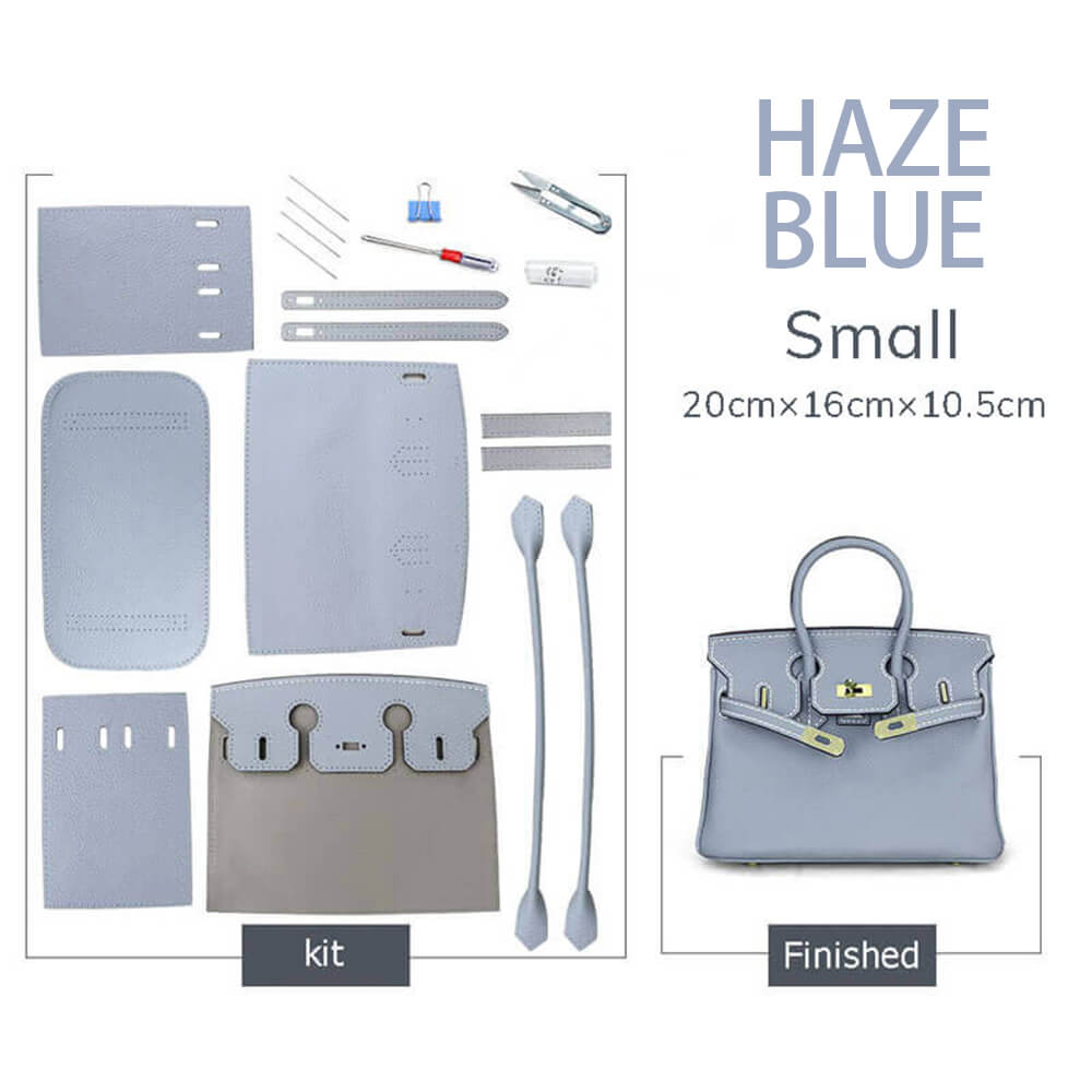 Birkin-Style Leather Tote Bag DIY Kit – Babylon Leather - Babylon LeatherBabylon LeatherSY04-Haze Blue-Small-Gold & White