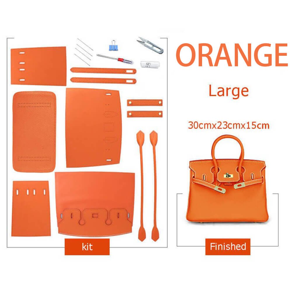 Birkin-Style Leather Tote Bag DIY Kit – Babylon Leather - Babylon LeatherBabylon LeatherSY04-Orange-Large-Gold & White