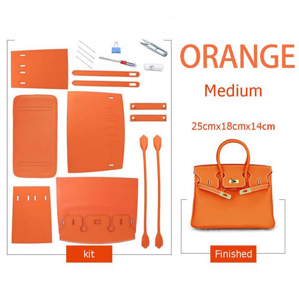 Birkin-Style Leather Tote Bag DIY Kit – Babylon Leather - Babylon LeatherBabylon LeatherSY04-Orange-Medium-Gold & White