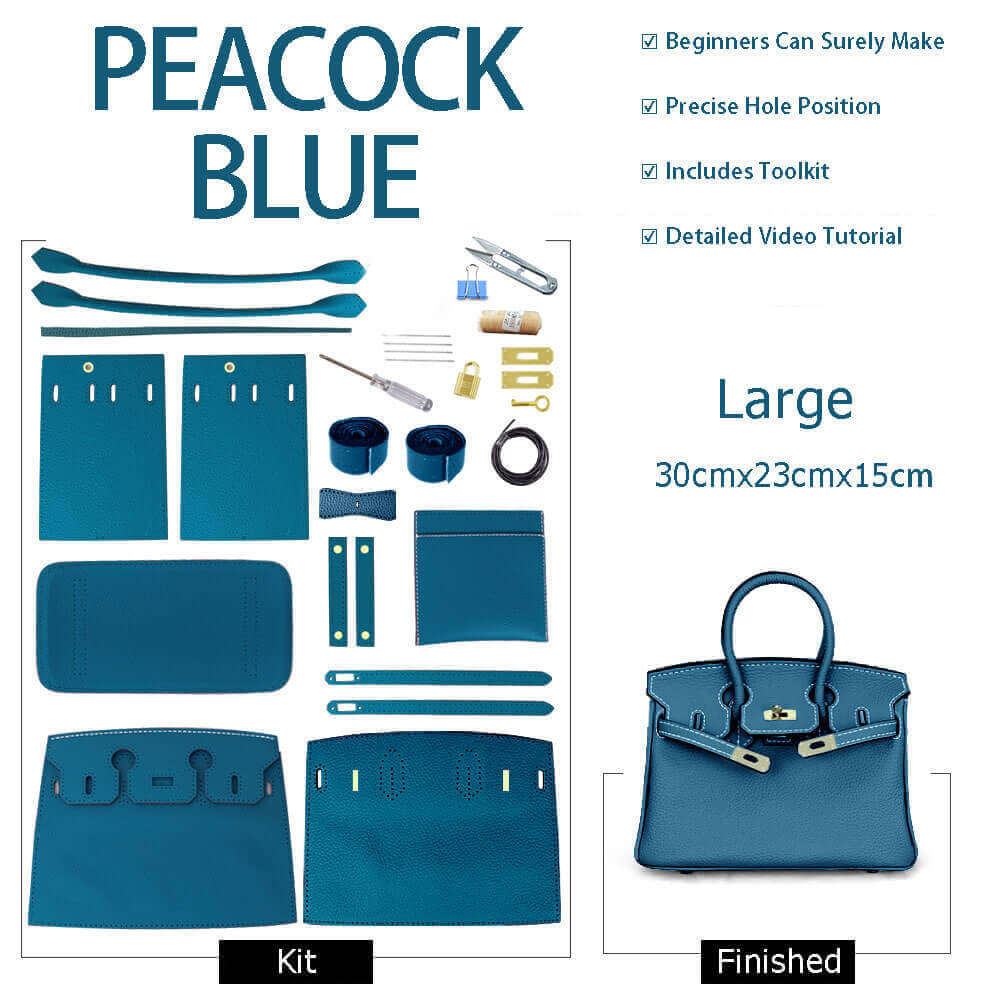 Birkin - Style Leather Tote Bag DIY Kit – Babylon Leather - Babylon LeatherBabylon LeatherSY04 - Peacock Blue - Large - Gold & White